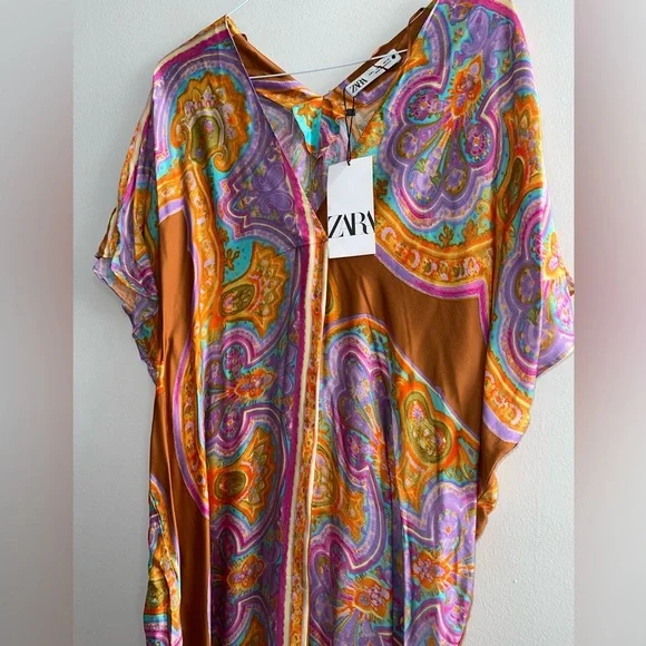 Zara Printed Boho  V-Neck Kaftan Tunic Pull Over Dress - Picture 4 of 6